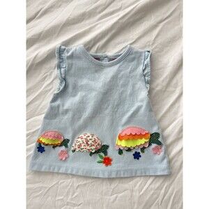 Baby Boden Girls' Light Blue Ruffle Sleeve Top Appliqué Turtles & Flowers 6-9M